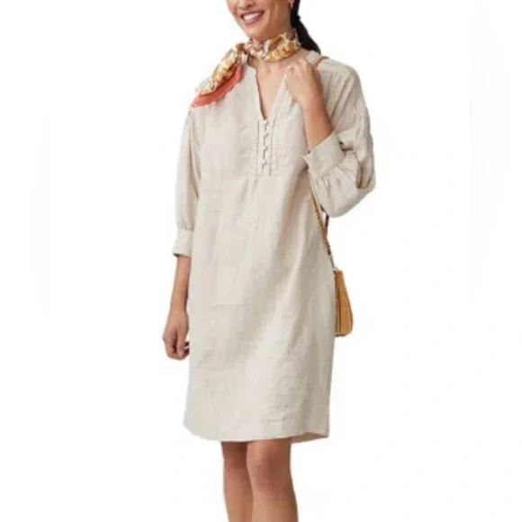 knee length dresses for ladies Tulip Collar 3/4 Sleeve Linen Dress